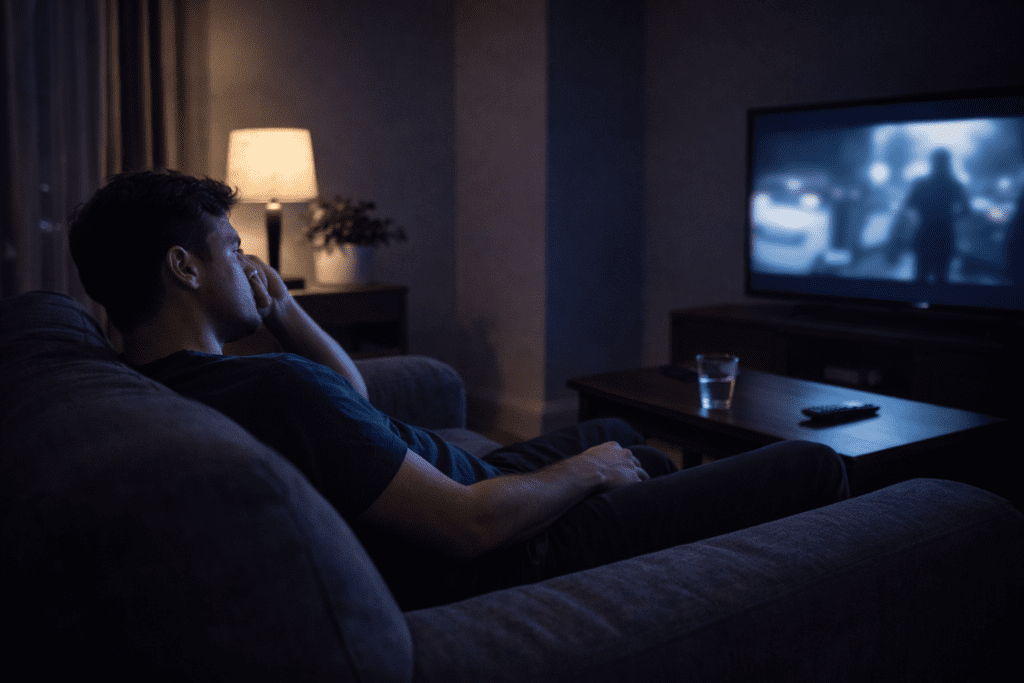 person sitting too long in evening feeling physically tired but mentally awake