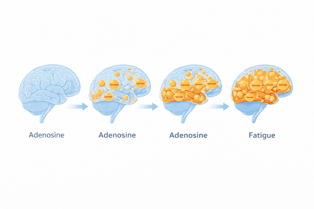 adenosine buildup in brain causing mental fatigue diagram