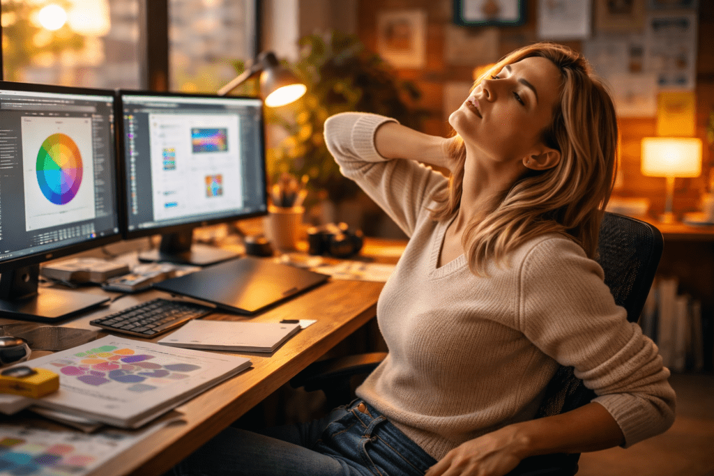 office worker experiencing low energy and mental fatigue after long hours of sitting at desk