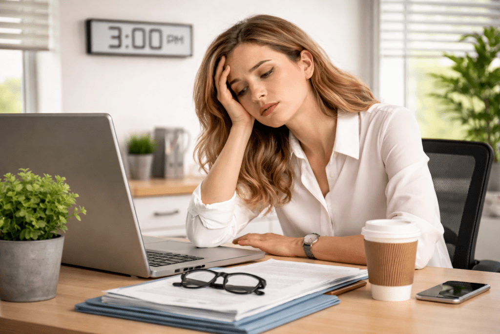 office worker tired at 3pm after lunch energy crash