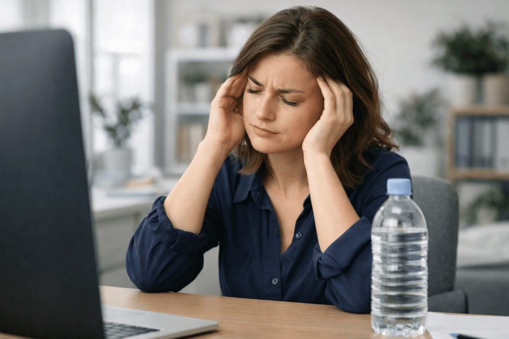 Office worker feeling tired during the afternoon despite drinking water