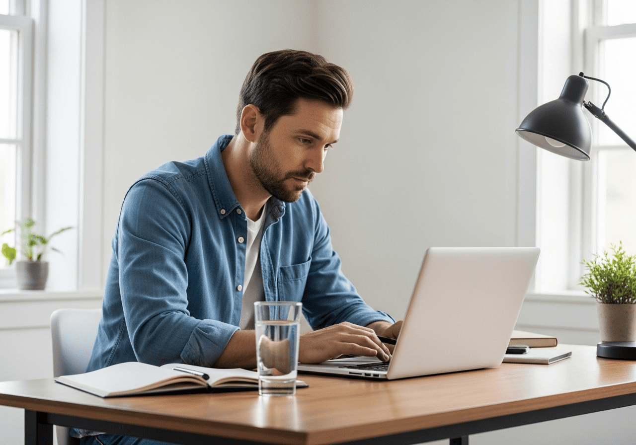 Man working on laptop experiencing mild fatigue during the day