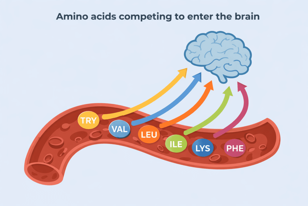 illustration of amino acids competing to enter the brain after eating protein