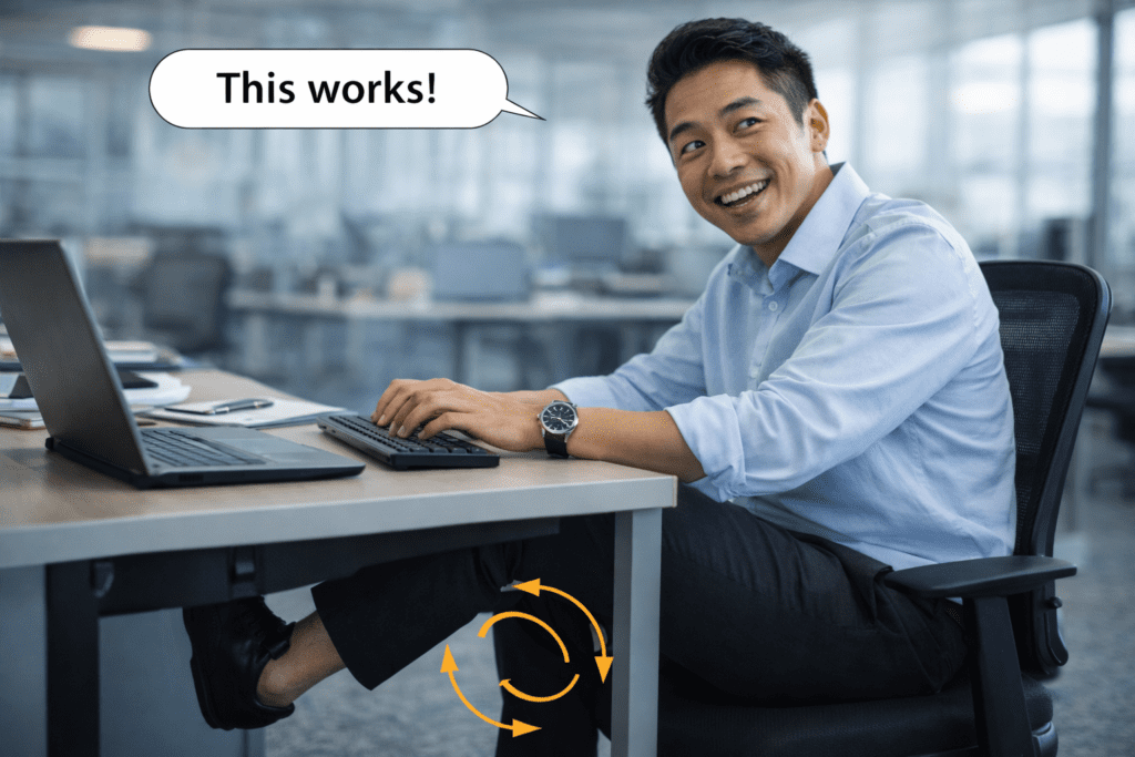 Asian man doing ankle circles under desk to fix sitting shakiness