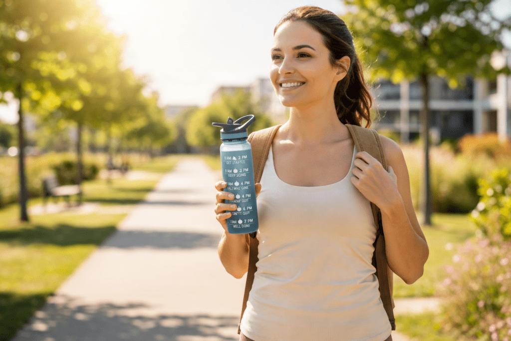Woman feeling energized while staying hydrated outdoors