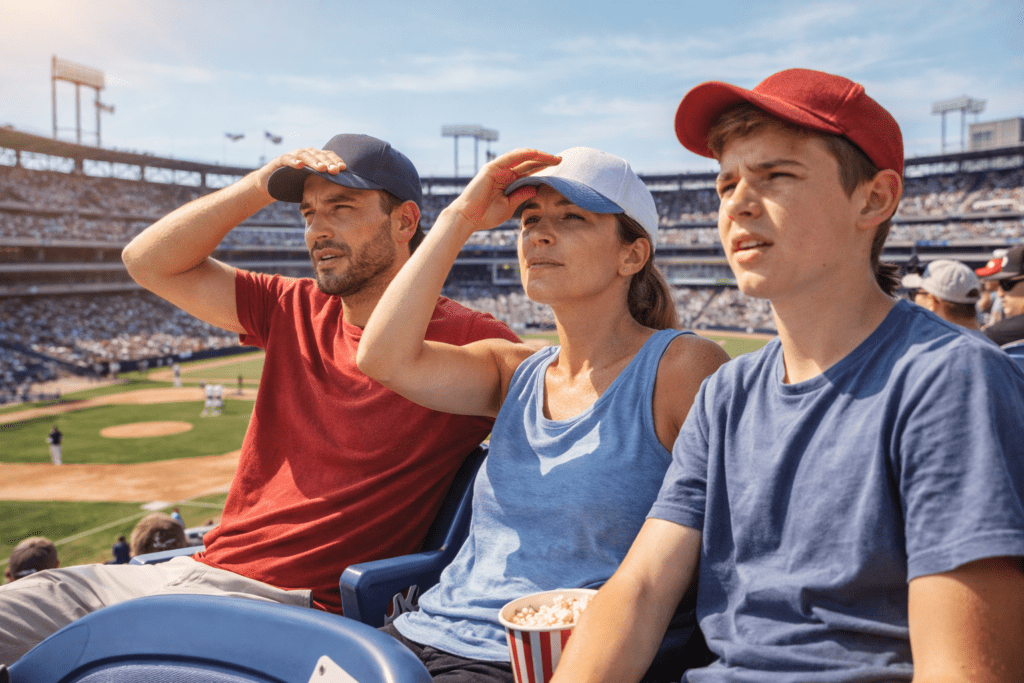 Family watching baseball in the sun during a hot afternoon