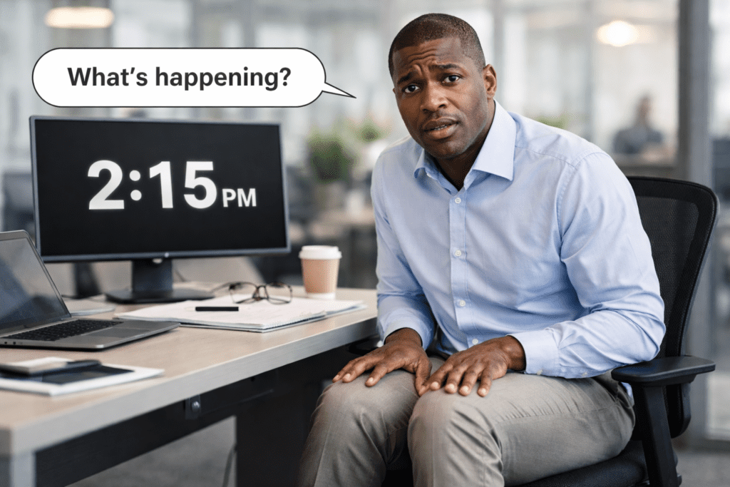 Black man experiencing leg shakiness and tiredness after desk sitting