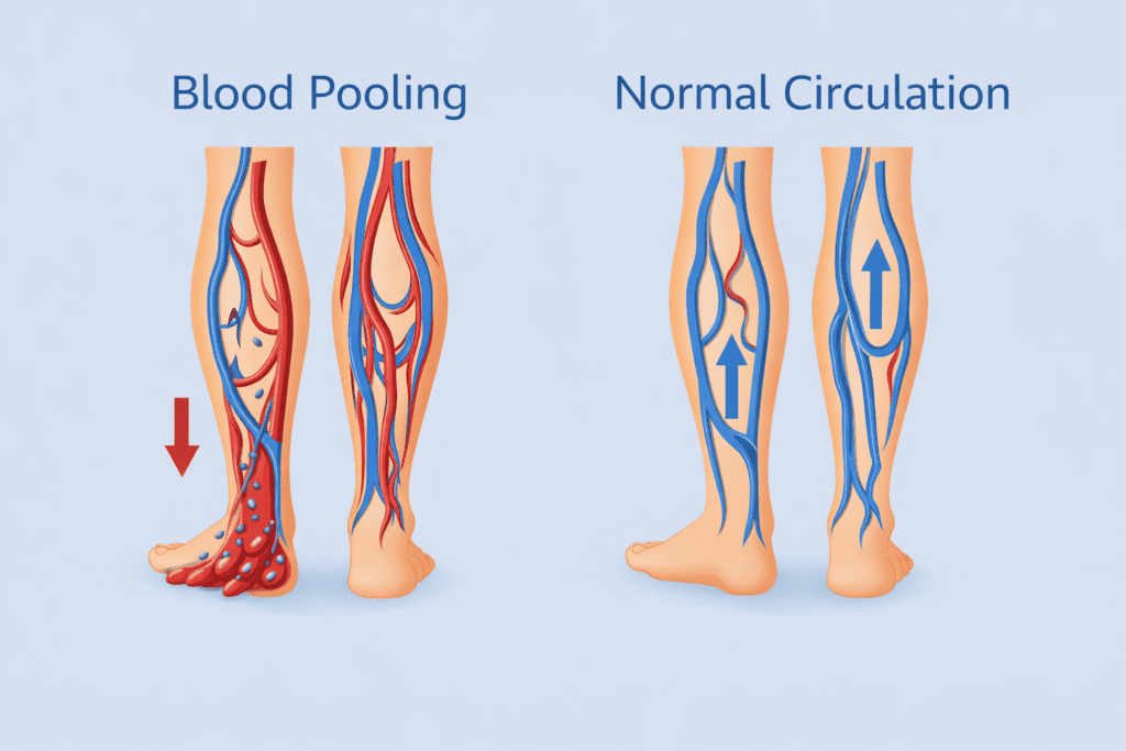 Diagram showing blood pooling in legs during prolonged standing