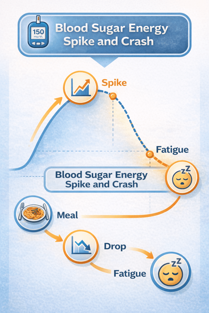 infographic showing how blood sugar spikes and crashes affect energy
