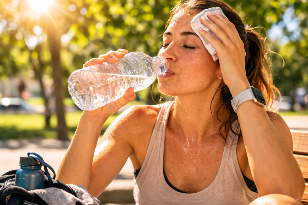 Woman sweating in sunlight showing the body cooling itself