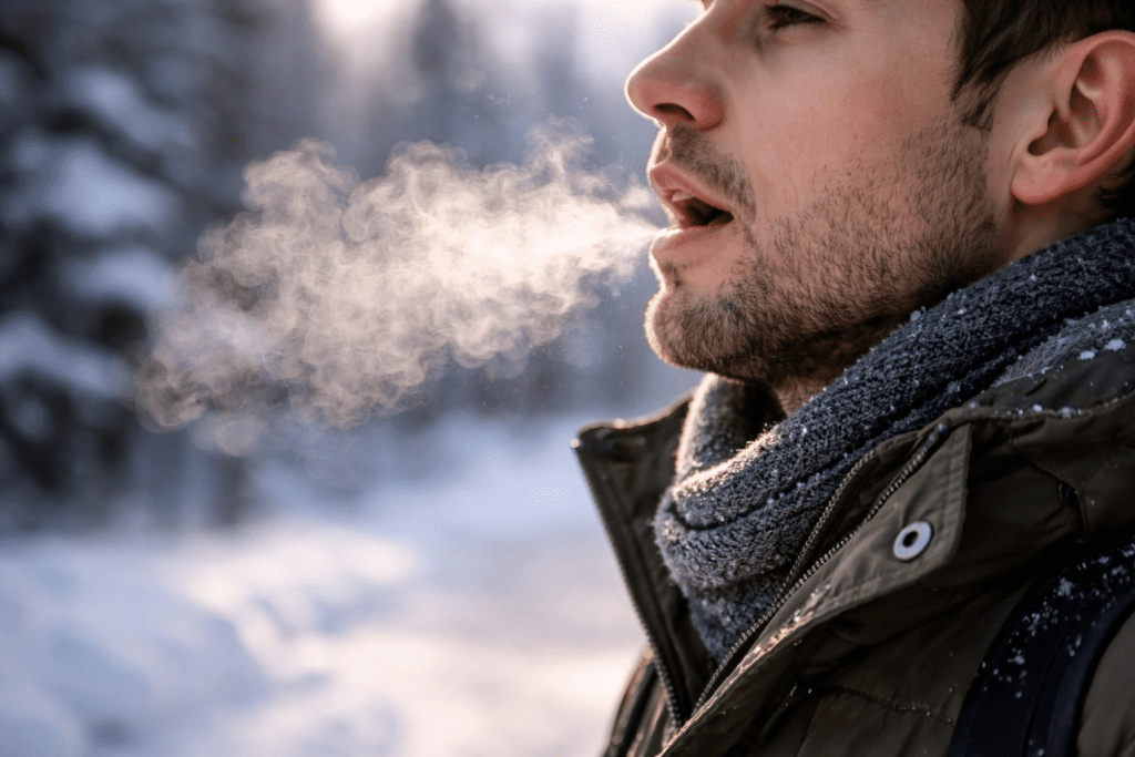 person breathing visible vapor in cold winter air