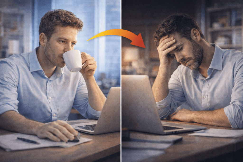 Man drinking coffee at work and experiencing an energy crash later.