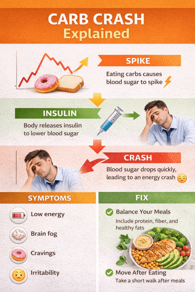infographic explaining carb crash and how to prevent fatigue after eating carbs