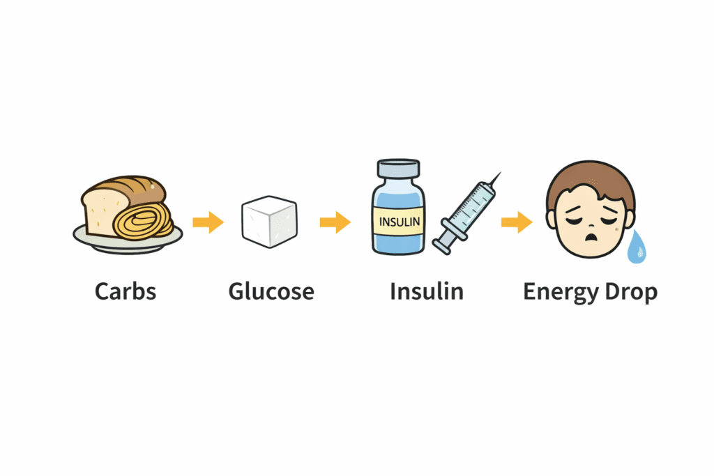 how carbs lead to fatigue step by step process diagram