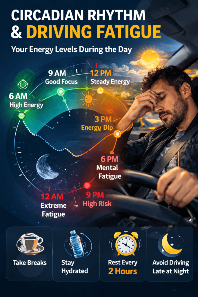 Circadian rhythm energy dips affecting driving alertness