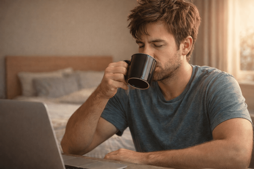 man drinking coffee before taking afternoon nap