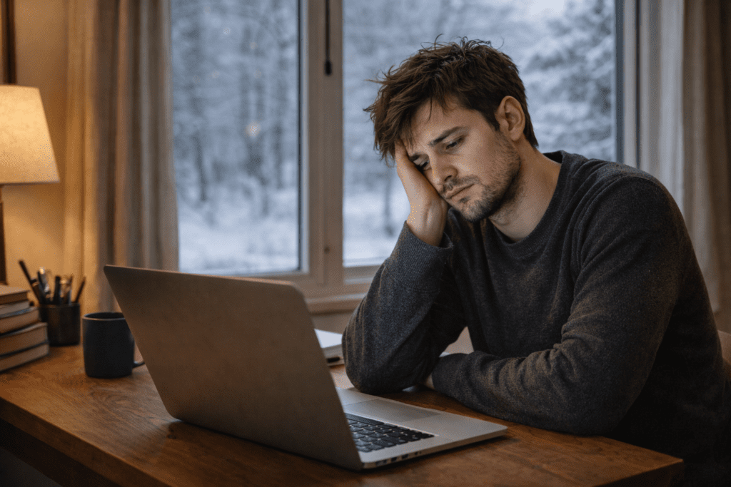 man experiencing mental fatigue during cold winter day