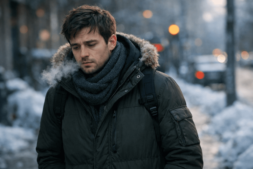 young man feeling tired walking outside in cold winter weather