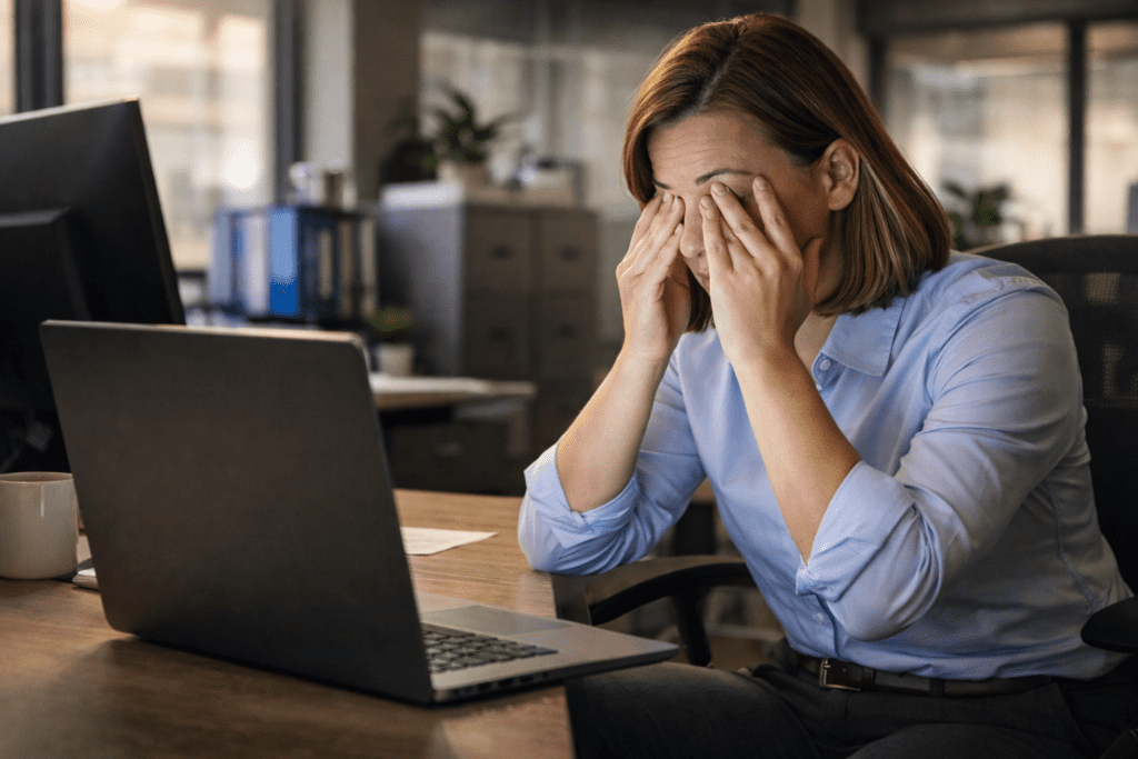 Person experiencing eye strain and mental fatigue from prolonged screen use