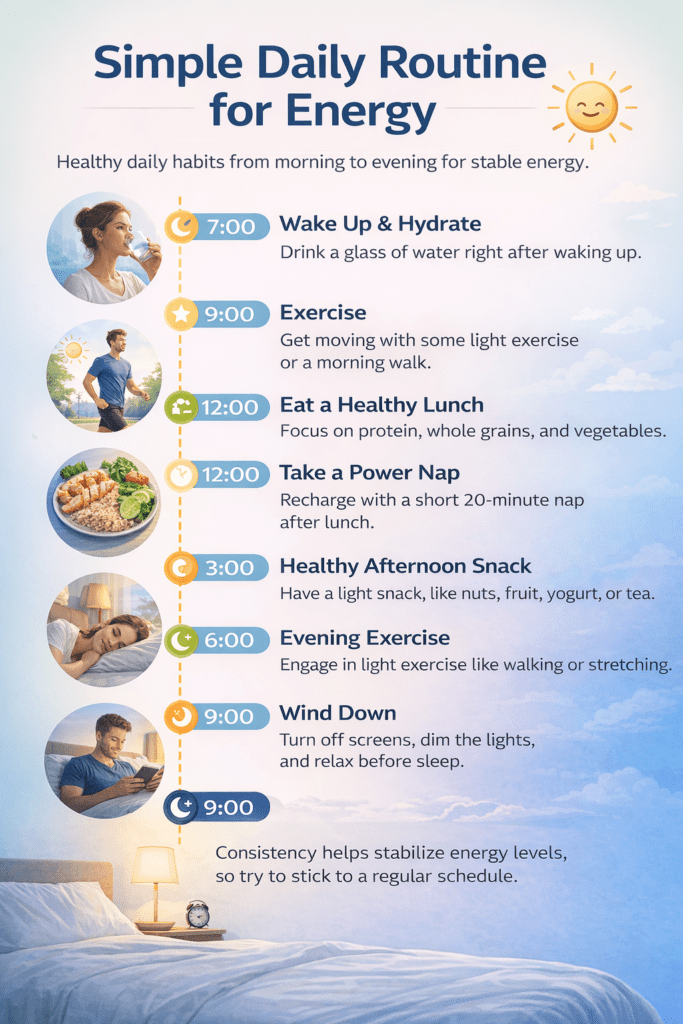 Infographic showing a daily routine for maintaining stable energy