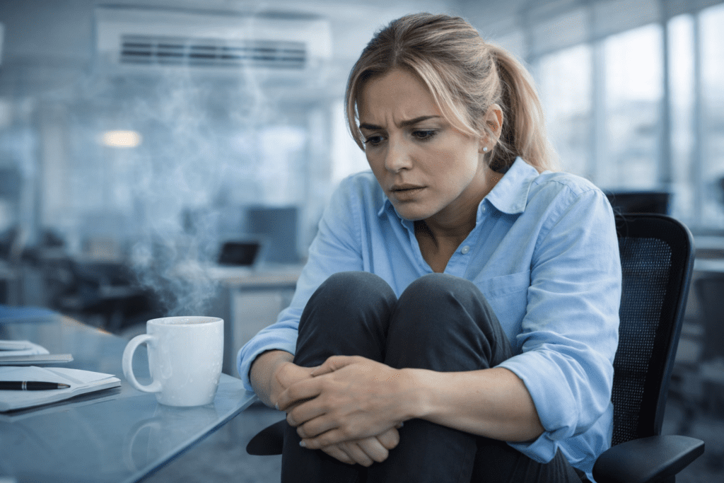Young woman shaky tired from office AC dehydration and dryness