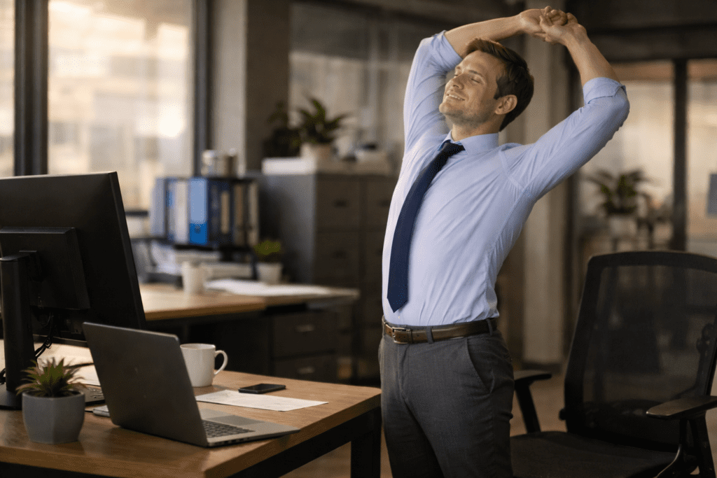Worker standing and stretching to boost energy after sitting for hours