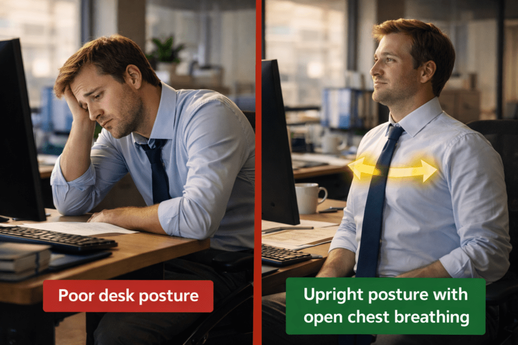 Comparison of poor desk posture and healthy posture affecting breathing and energy