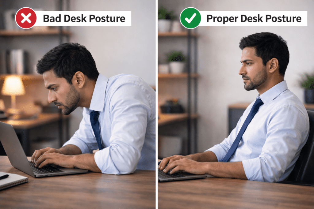 comparison of poor and correct desk posture while using computer