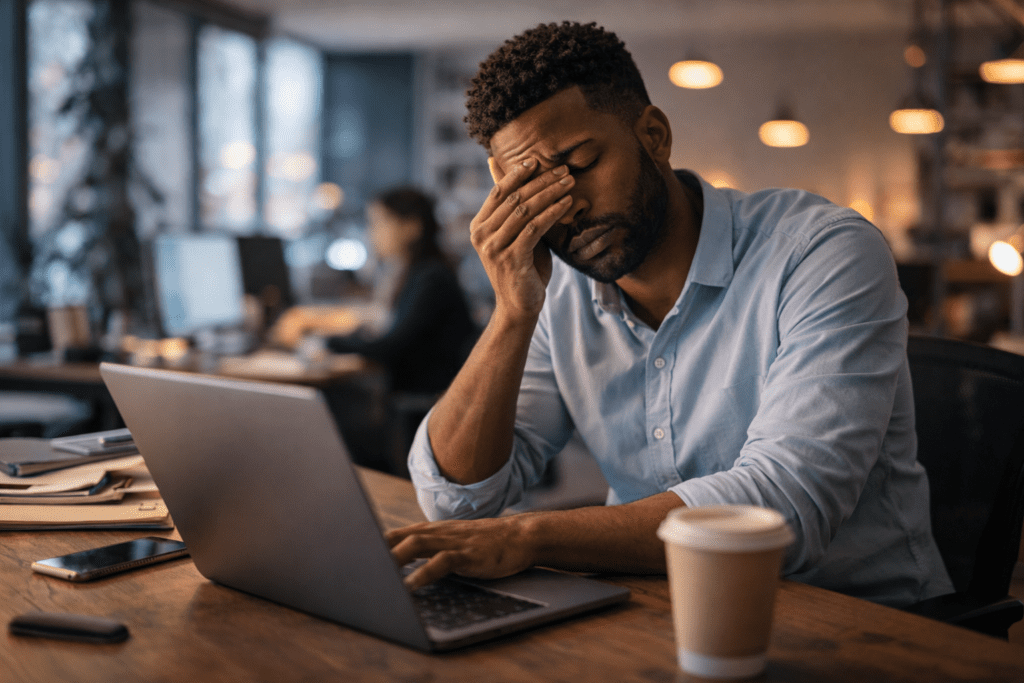 office worker stretching legs after sitting too long