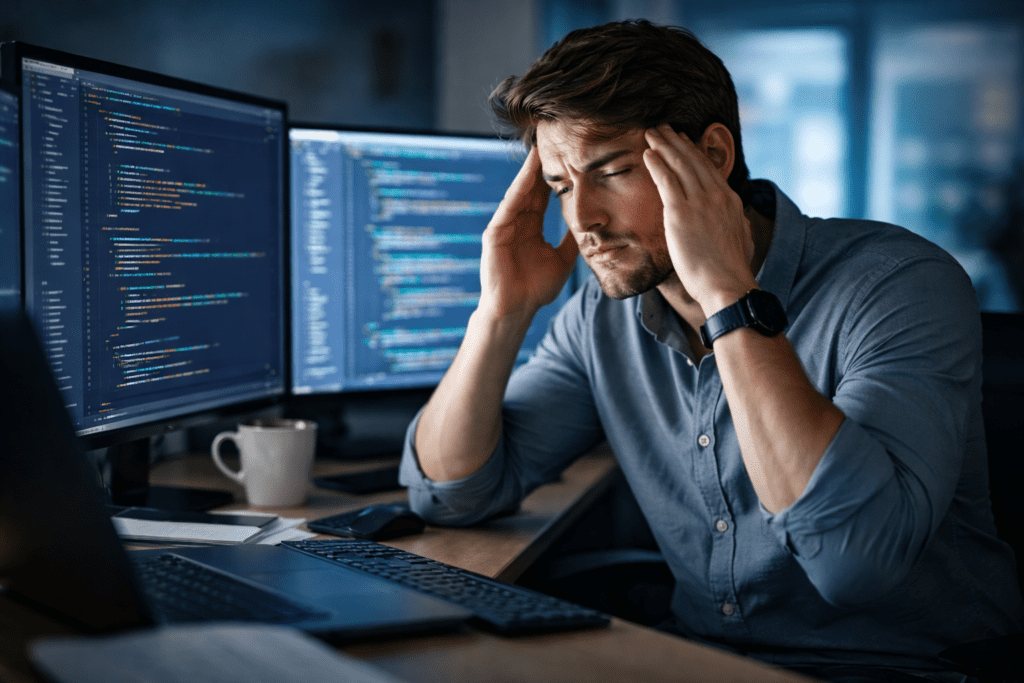 man experiencing digital eye strain from prolonged screen use