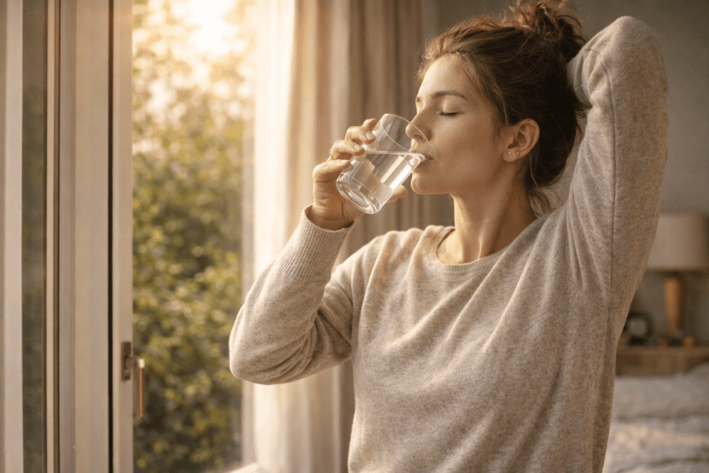 woman drinking water after nap to restore energy