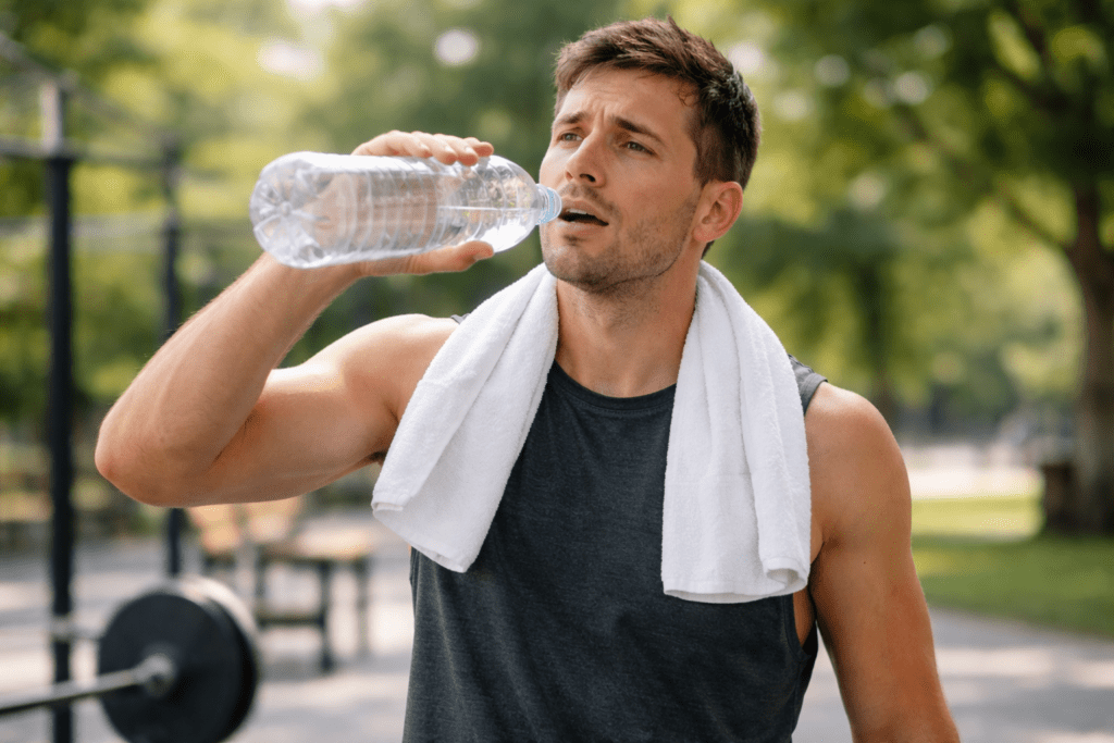 Man drinking water and feeling tired afterward
