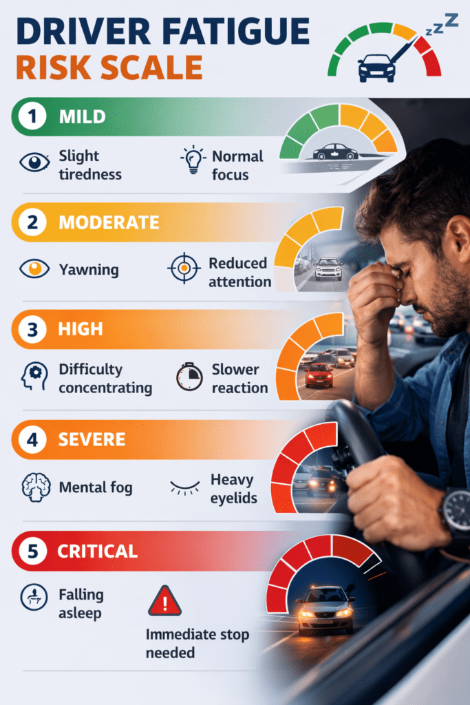Driver fatigue risk scale levels from mild fatigue to critical micro sleep