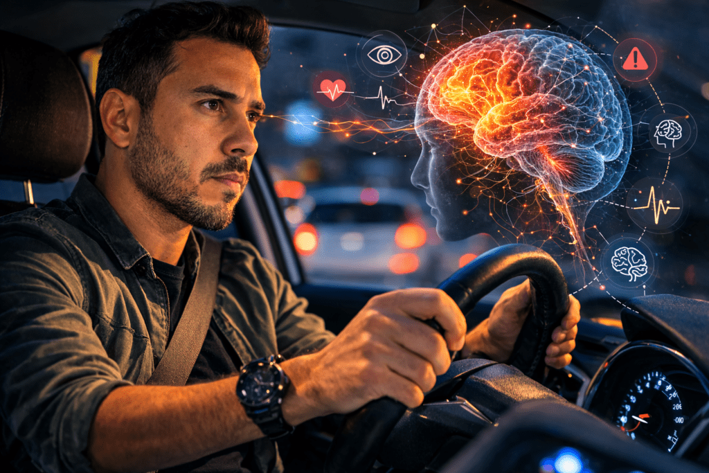 Driver maintaining intense focus on the road due to nervous system vigilance during driving