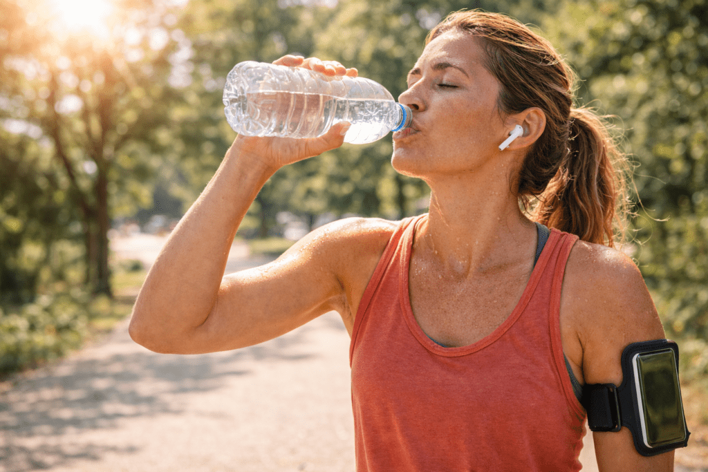 Woman rehydrating after sweating during outdoor activity