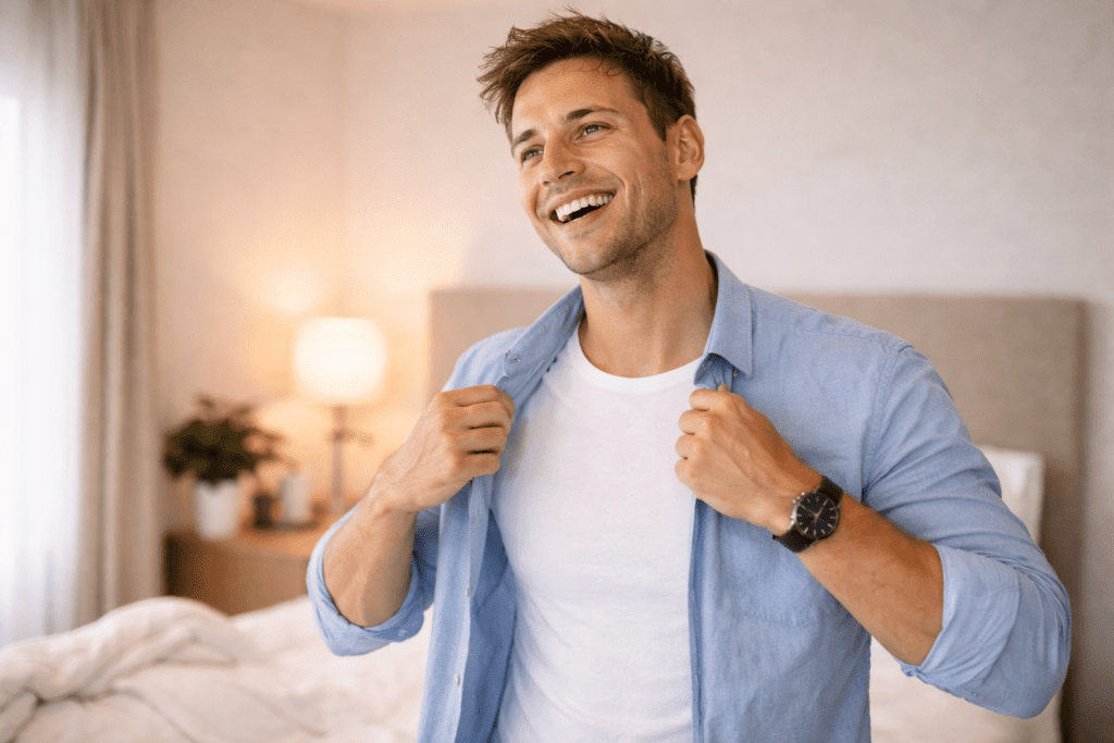 man feeling energized after recovering from shower fatigue