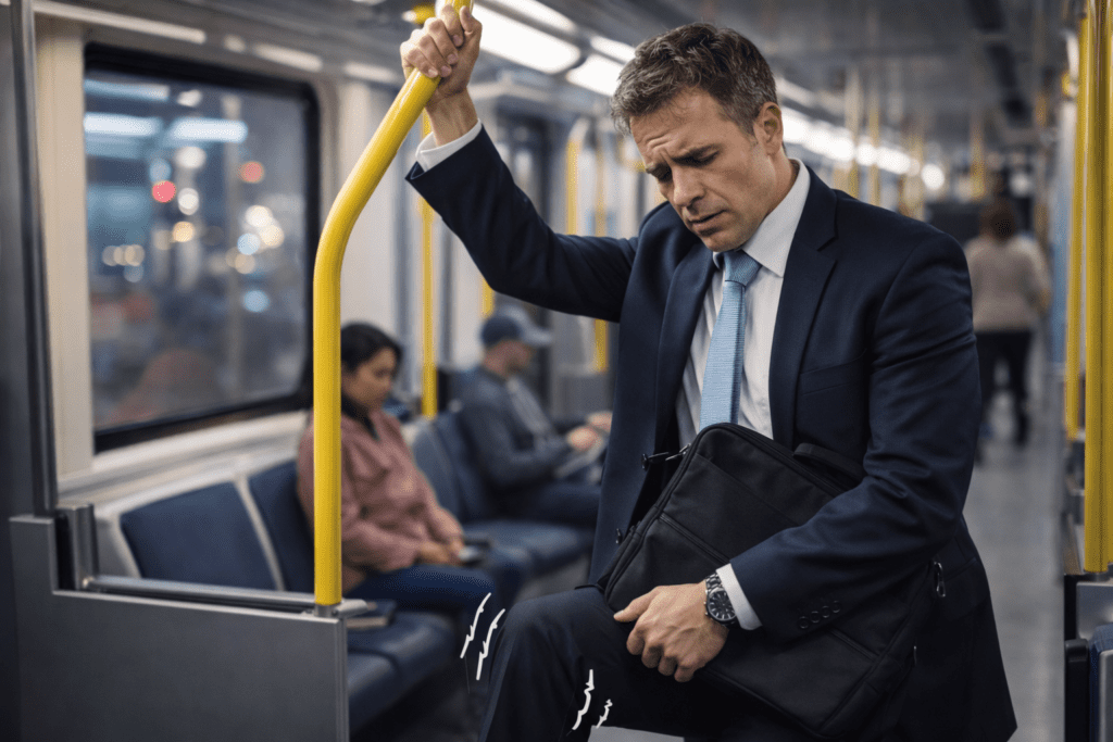 Businessman evening commute shakiness after 8-hour desk stasis