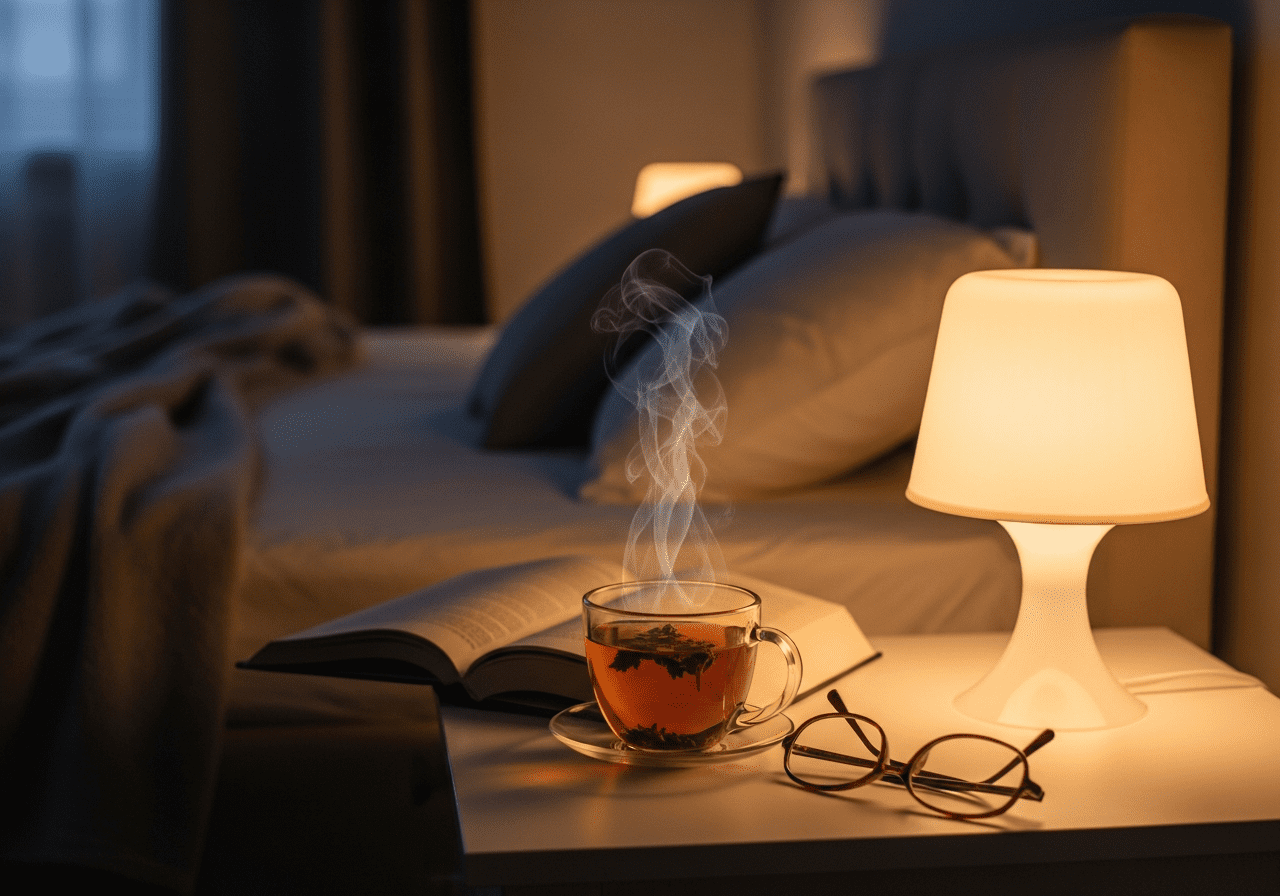 Relaxing evening routine with tea and reading before sleep