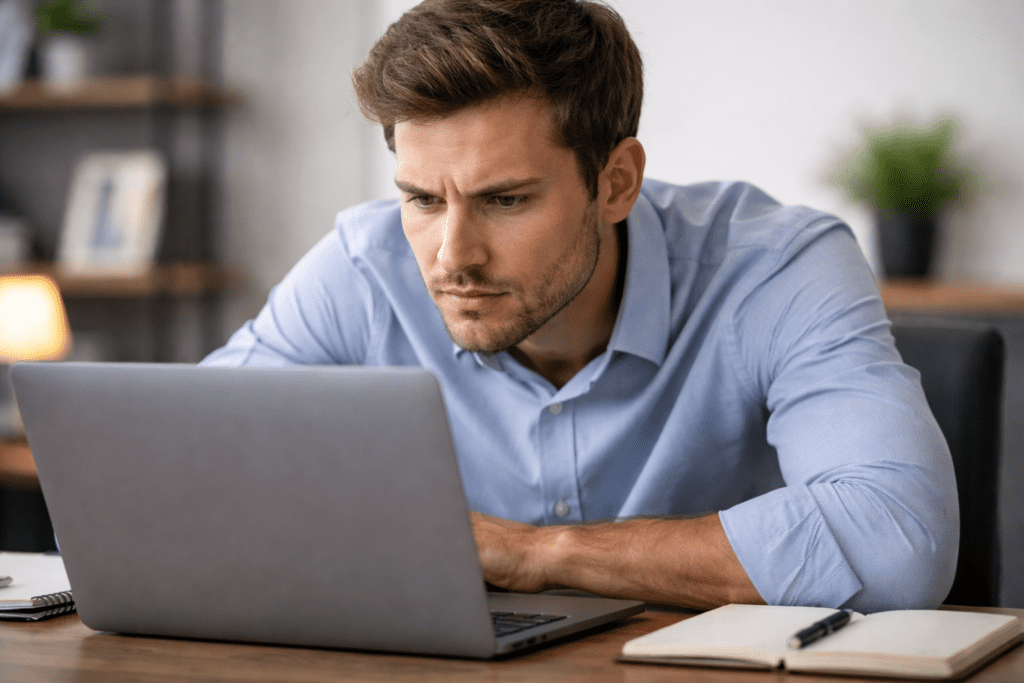 man concentrating on laptop causing eye muscle strain