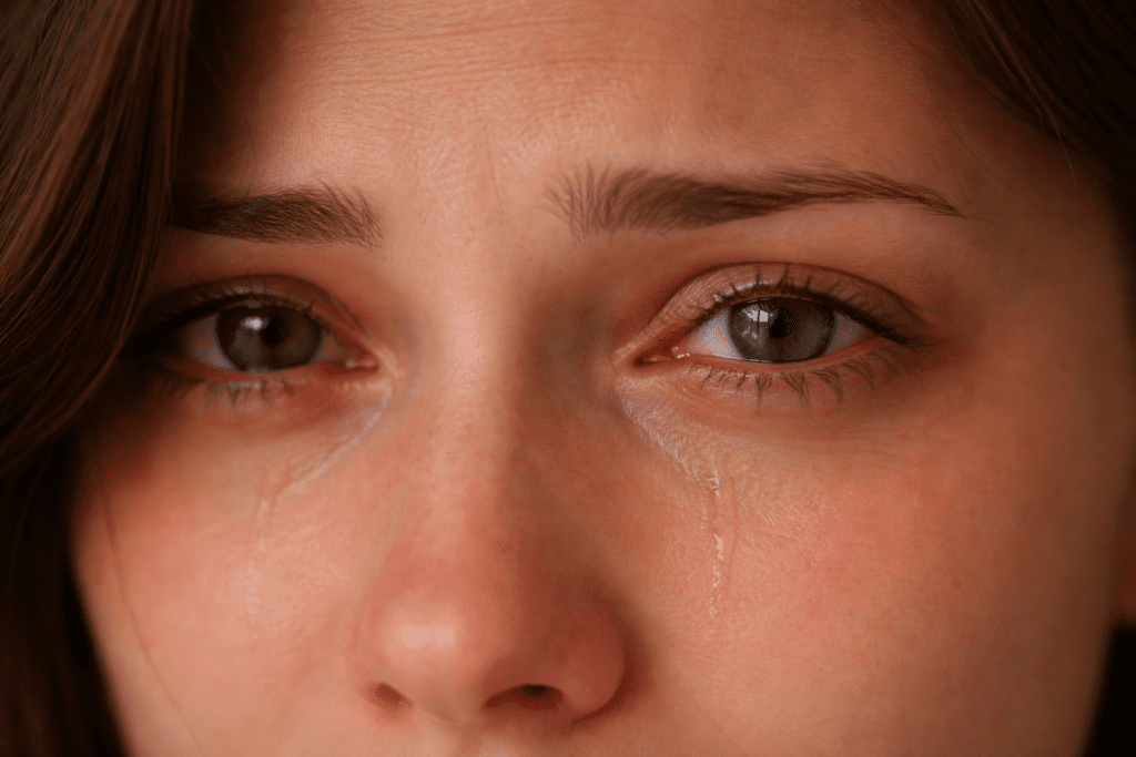 red tired eyes after crying close up