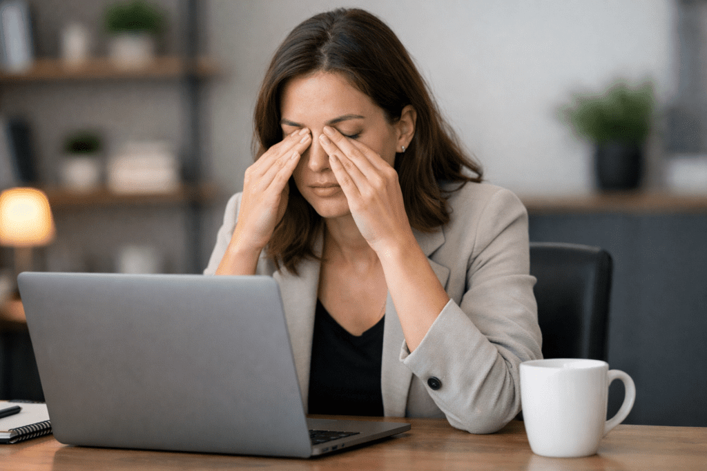 woman rubbing tired eyes after looking at computer screen all day