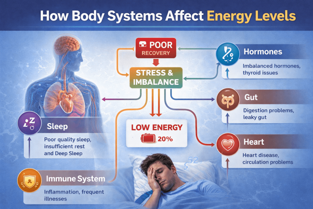 Infographic showing the cause-and-effect chain of how poor recovery leads to fatigue.
