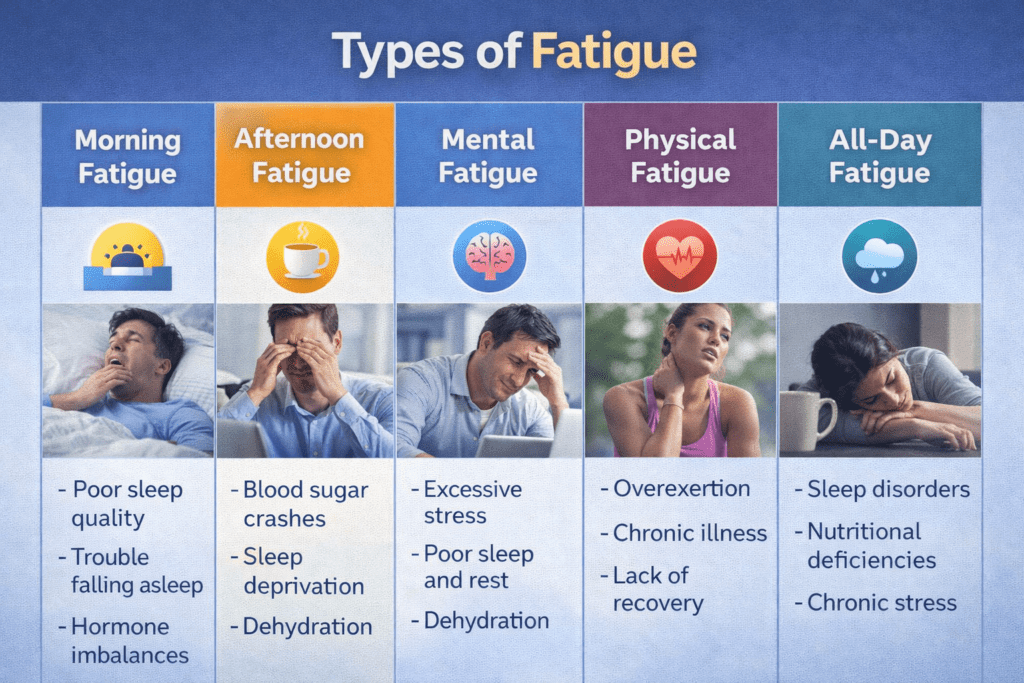 Table showing different types of fatigue and their causes