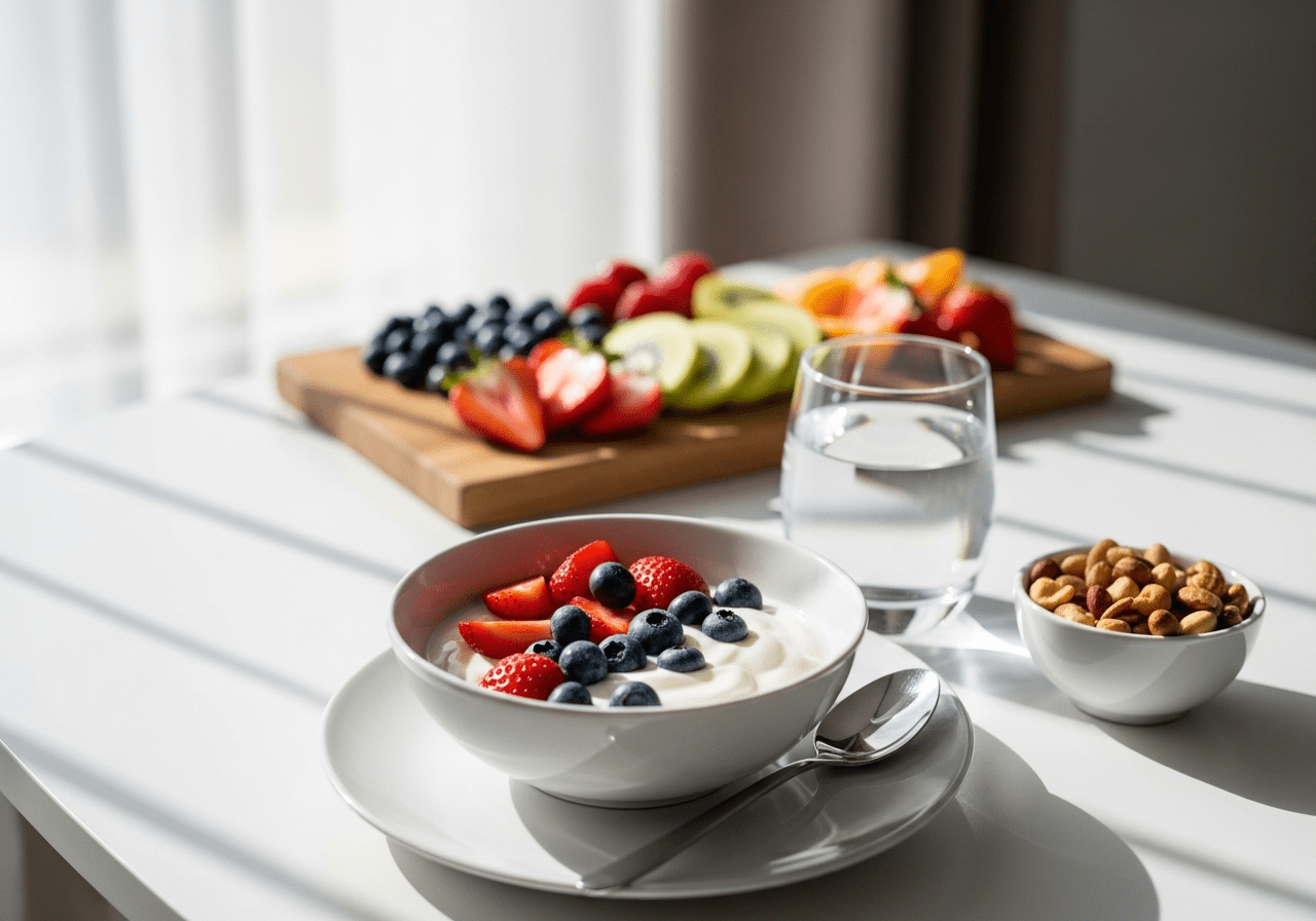 Healthy breakfast with yogurt berries nuts and water