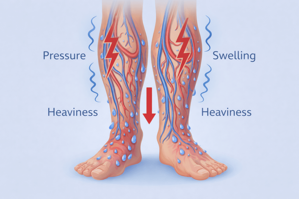 Heavy legs feeling caused by prolonged standing and fluid buildup