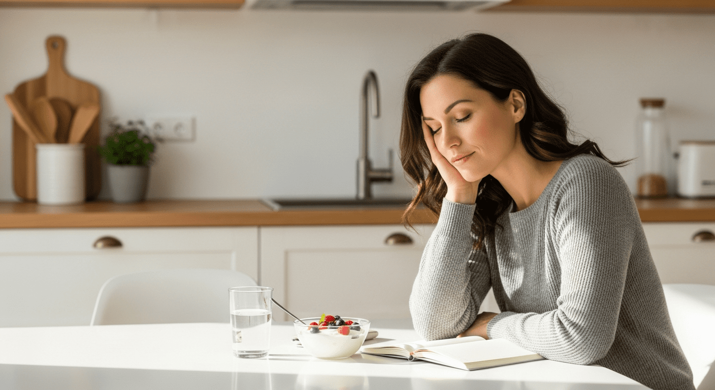 Woman feeling slightly tired while having a healthy breakfast