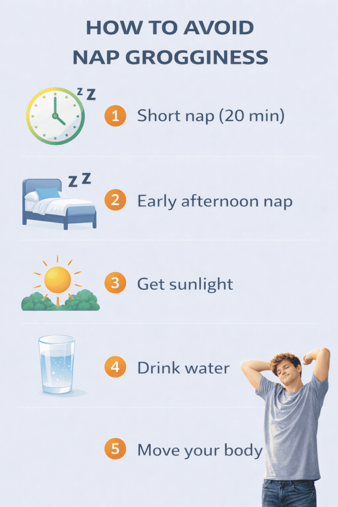 infographic showing how to avoid post nap grogginess