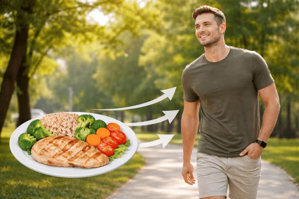 person walking after meal to prevent fatigue from protein