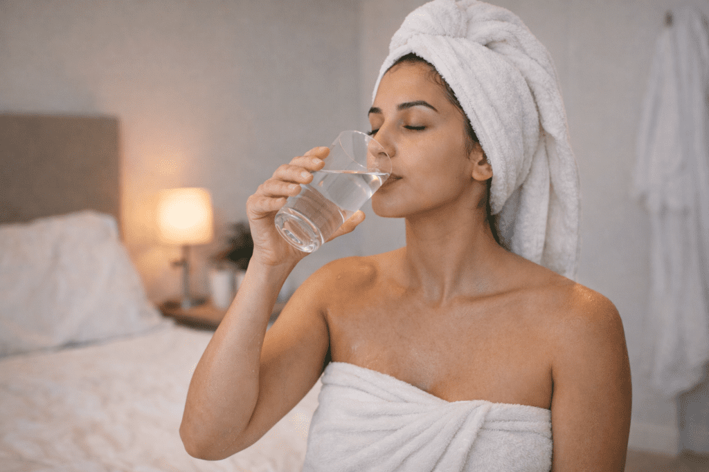 woman drinking water after shower to restore energy