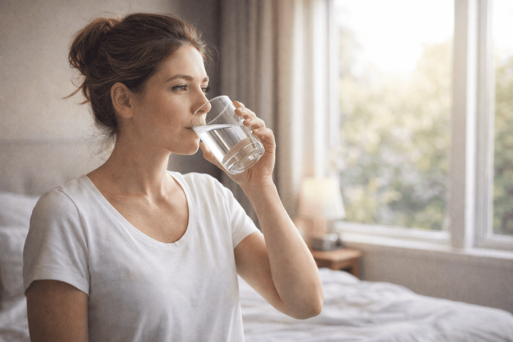 Woman drinking water in the morning to maintain energy levels throughout the day.